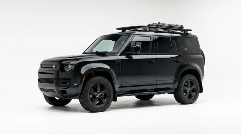 Black Land Rover Defender SUV with roof rack against white background