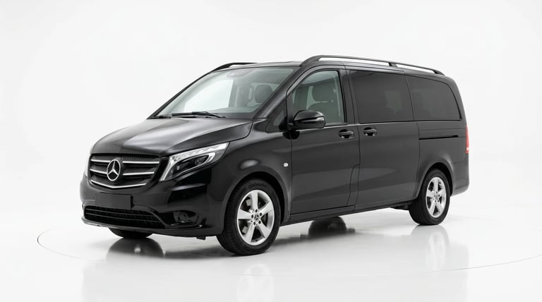 Black Mercedes-Benz minivan with sliding doors, photographed against a white background