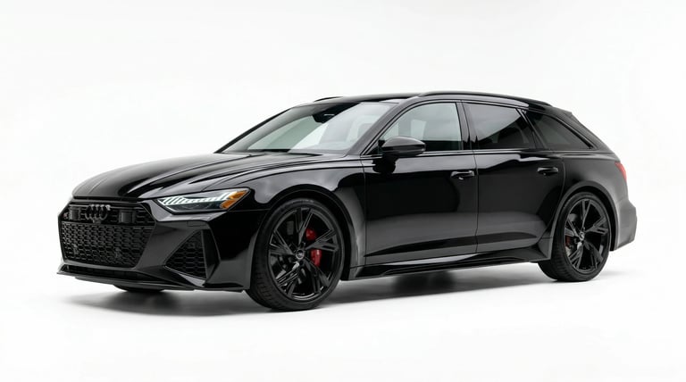 Black Audi RS6 Avant wagon shown in profile view against white background