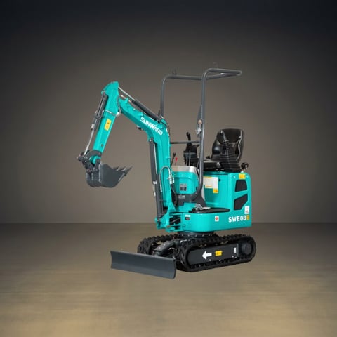 Bright turquoise mini excavator with articulated arm, bucket attachment, and tracked treads on neutral background