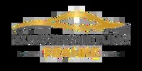 Gold and gray horizontal banner logo with decorative elements and text placeholder