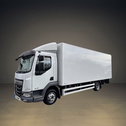 White commercial delivery truck with box cargo container, side view against neutral background