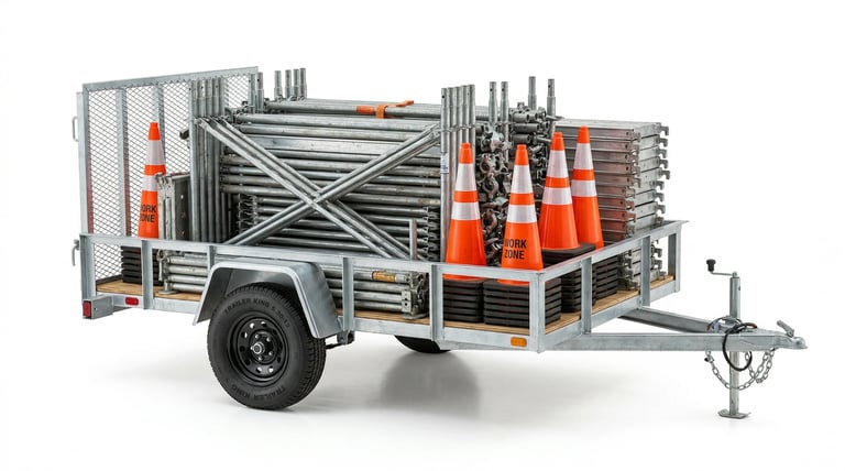 Enclosed utility trailer loaded with metal safety barriers and orange traffic cones against white background