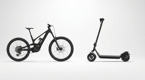 Black electric mountain bike on left and electric scooter on right against white background