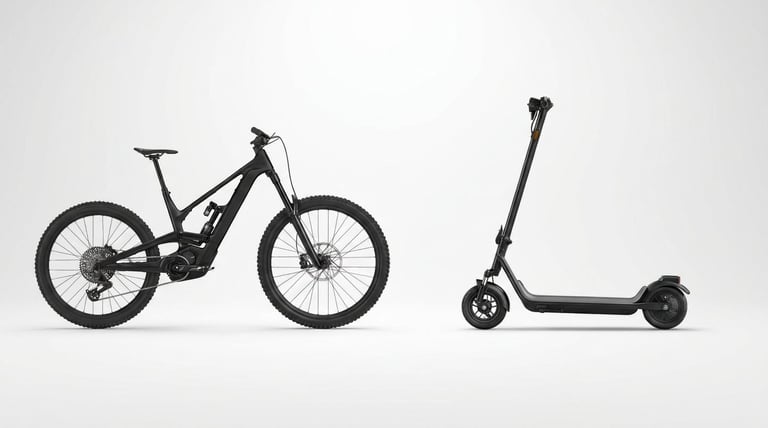Black electric mountain bike on left and electric scooter on right against white background