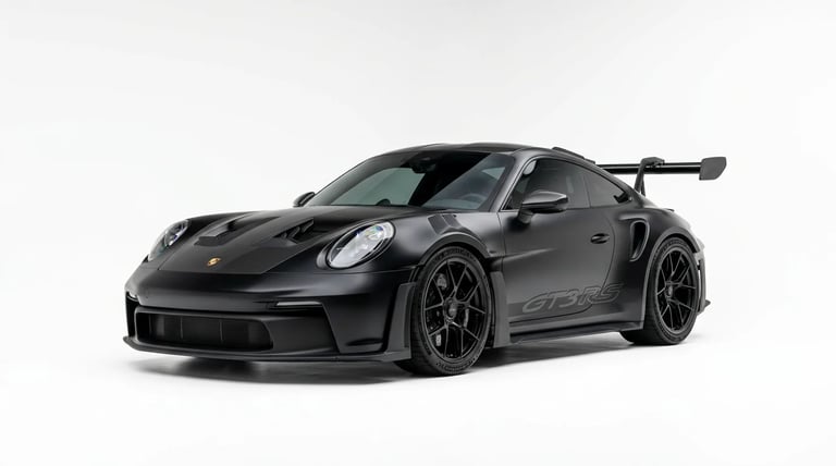 Black Porsche 911 GT3 RS sports car with racing stripes shown against a white background