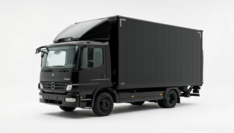 Black Mercedes-Benz delivery truck with enclosed cargo box on white background